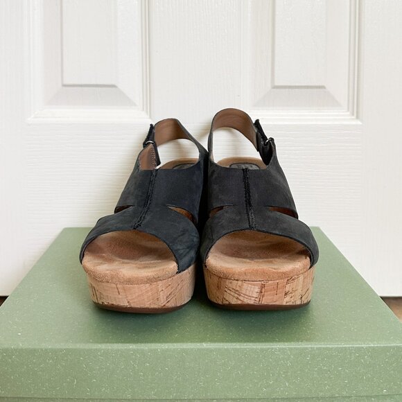 Clarks Women's Caslynn Shae Nubuck Leather Wedge Sandal Black Brown Size 9 M - Picture 2 of 7